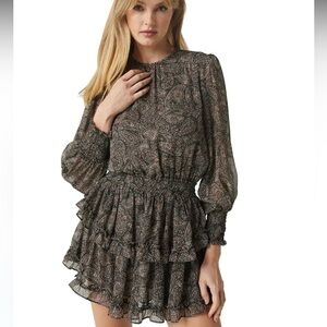NWT MISA PaisleyRuffled Tiered A-line Dress with Bishop Sleeves